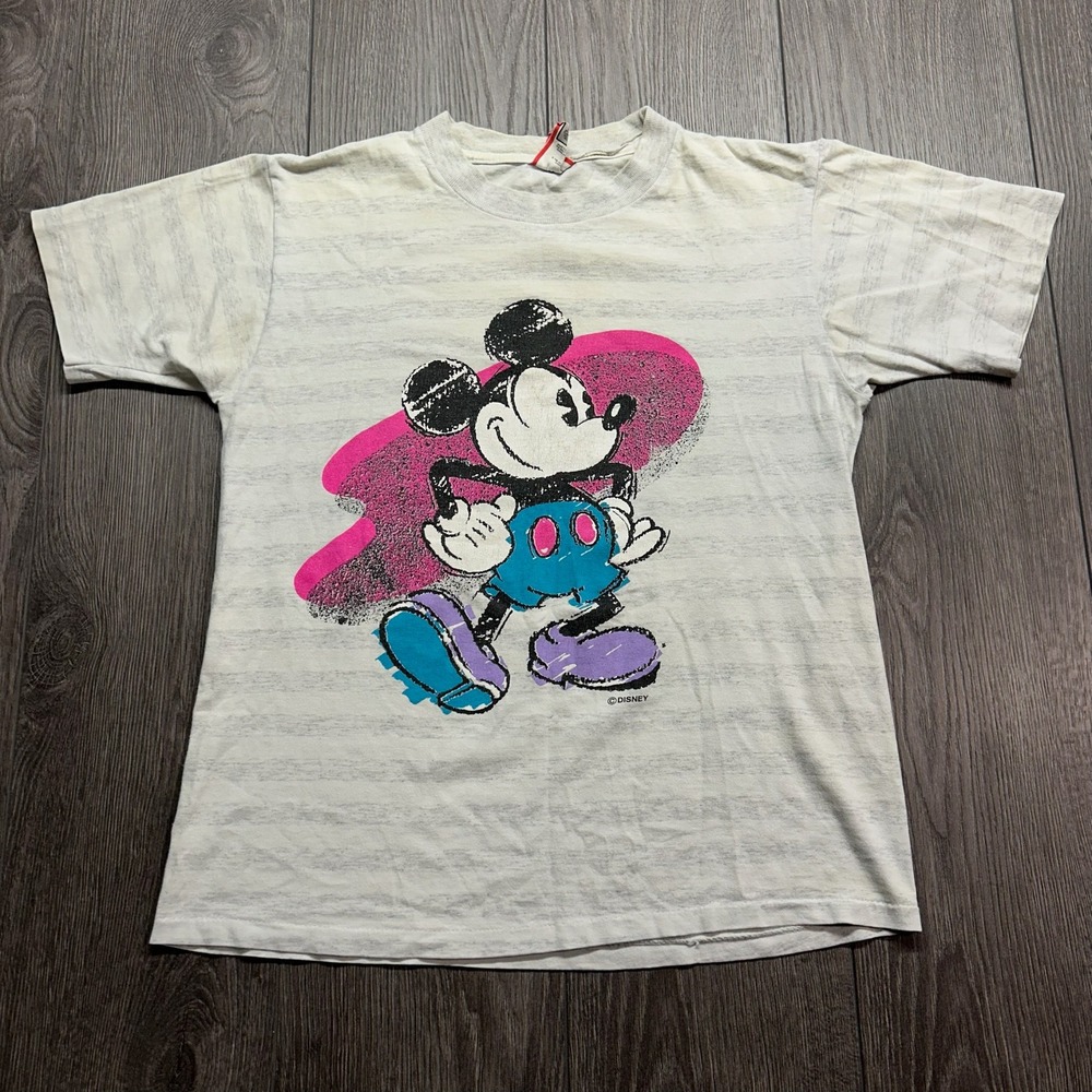 Vintage Disney Designs Mickey Mouse Surf T-Shirt Grey Stripe 90s USA Made S/M